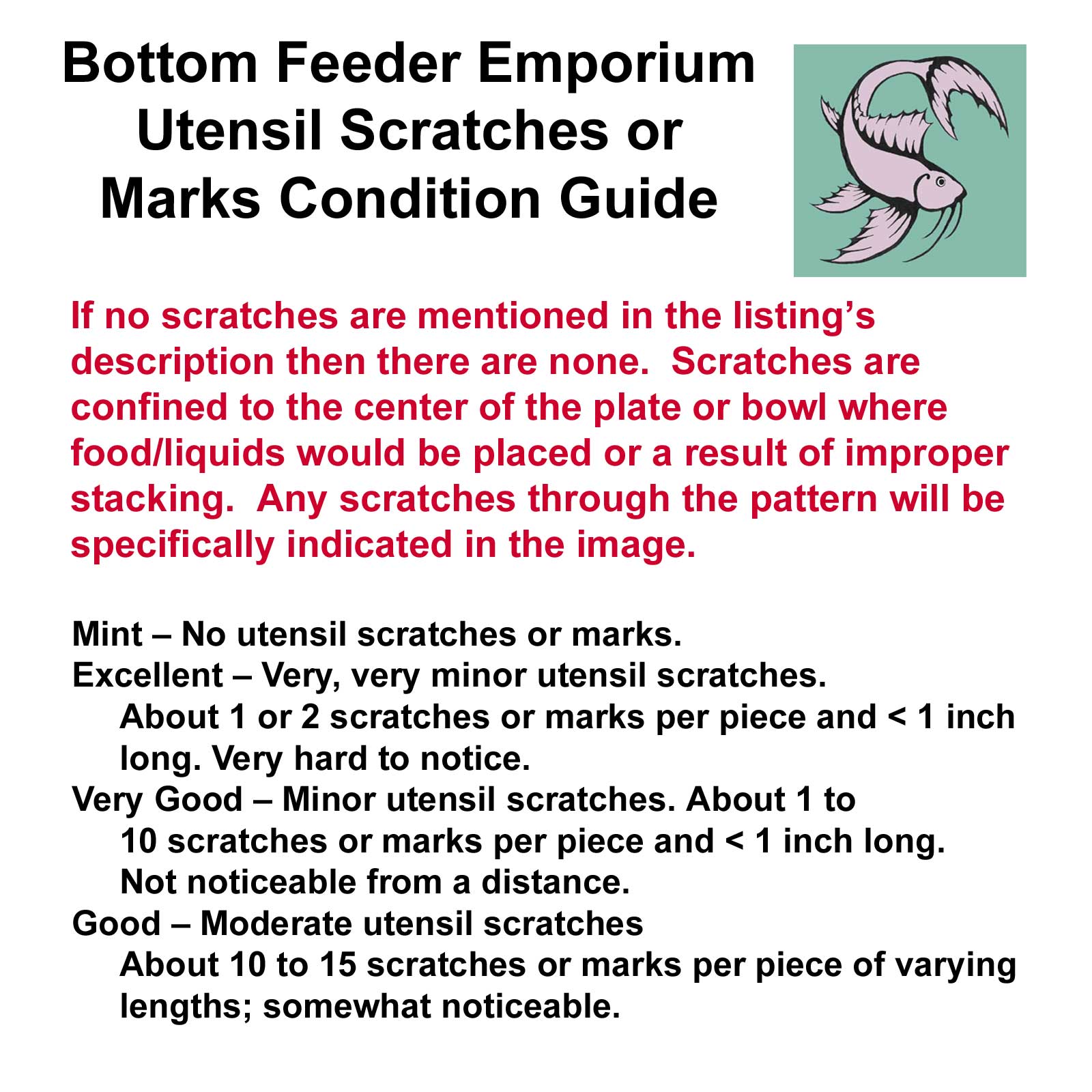 Bottom Feeder Emporium Dinnerware Utensil Scratches or Marks Guide